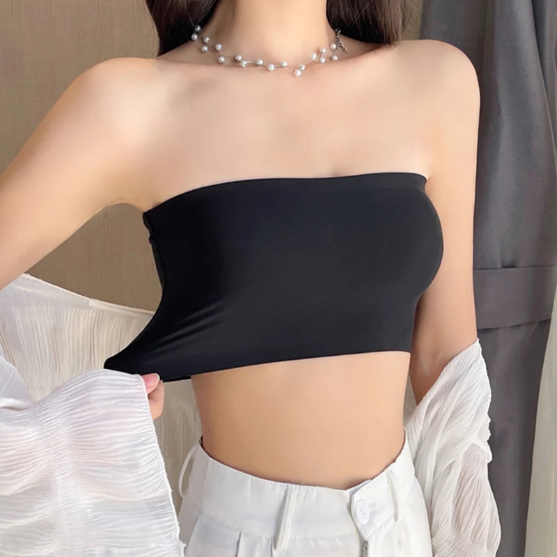One Piece Sexy Tube Tops Women Strapless Push Up Bra Lingerie Ice Silk Thin Seamless Word Sling Black White Bralette Top