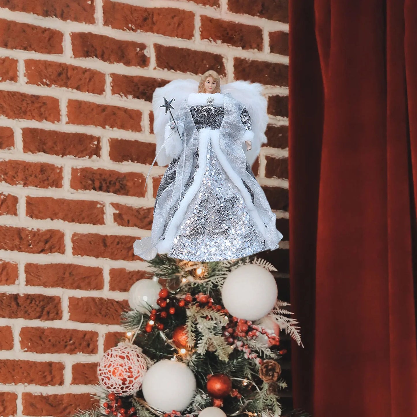 Angel Treetop Angel Figurine Delicate 12" Christmas Ornament Decoration Christmas Tree Topper for Shop Desktop Party Holiday