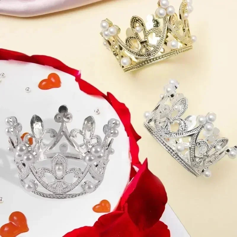 20/1Pcs Mini Crown Cake Decoration Pearl Tiara Gold Silver Crowns Cake Topper for Children Hair Ornaments Wedding Birthday Party