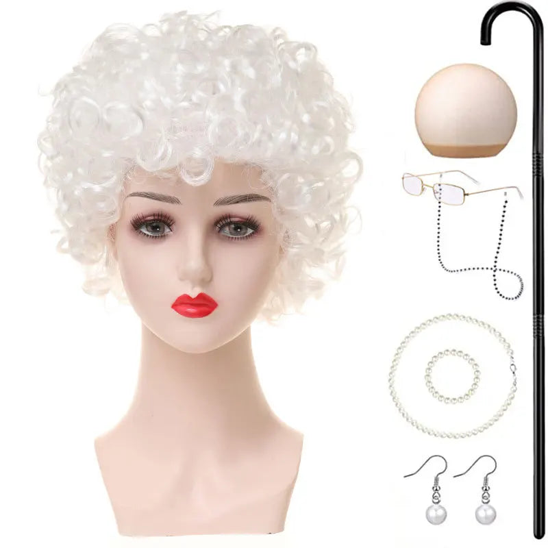 Halloween Granny Granny Grey Wig Grandpa Hair Granny Chartered Woman Curling Iron Wig Set
