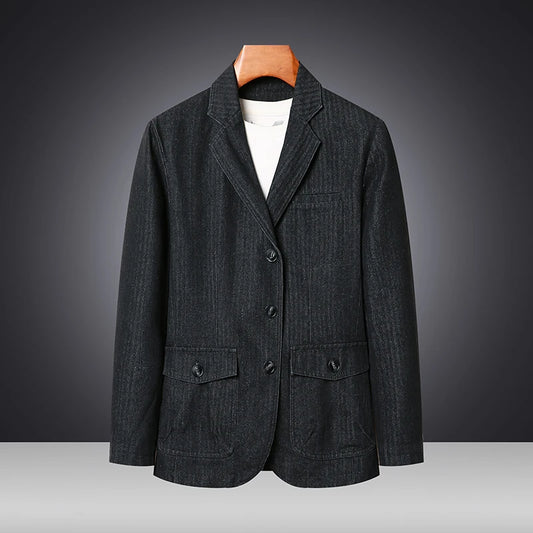 2025 Men Solid Denim Jackets Fashion Blazer Middle-aged Loose Men Vintage Jeans Jackets Hommes Slim Fit Cotton Casual Black Blue