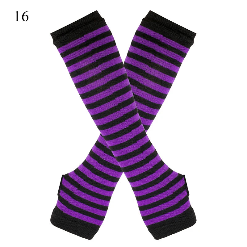 Macaroon Color Striped Long Sleeves Fashion Punk Long Fingerless Gloves For Women Men Outdoor Christmas Ornament  Arm Warmer