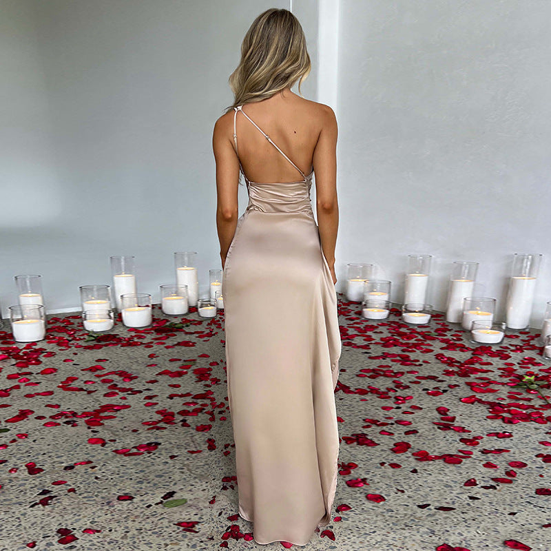 Sexy One-shoulder Backless Slit Dress Summer Elegant Slim-fit Solid