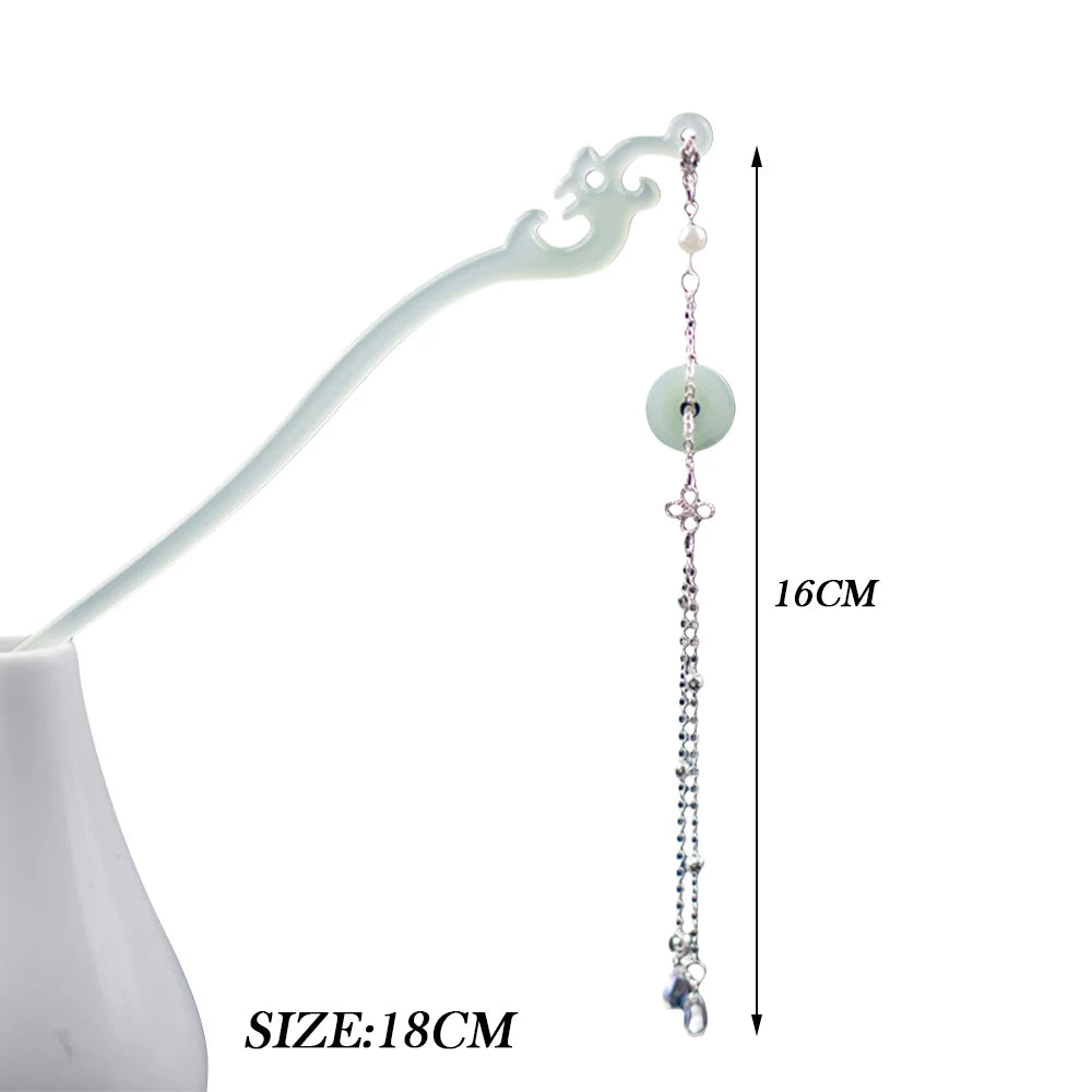 White/Green Acetic Acid Hair Sticks Forks Elegant Headwear Retro Chinese Style Hair Pin Chain Pendant Hair Jewelry for Women