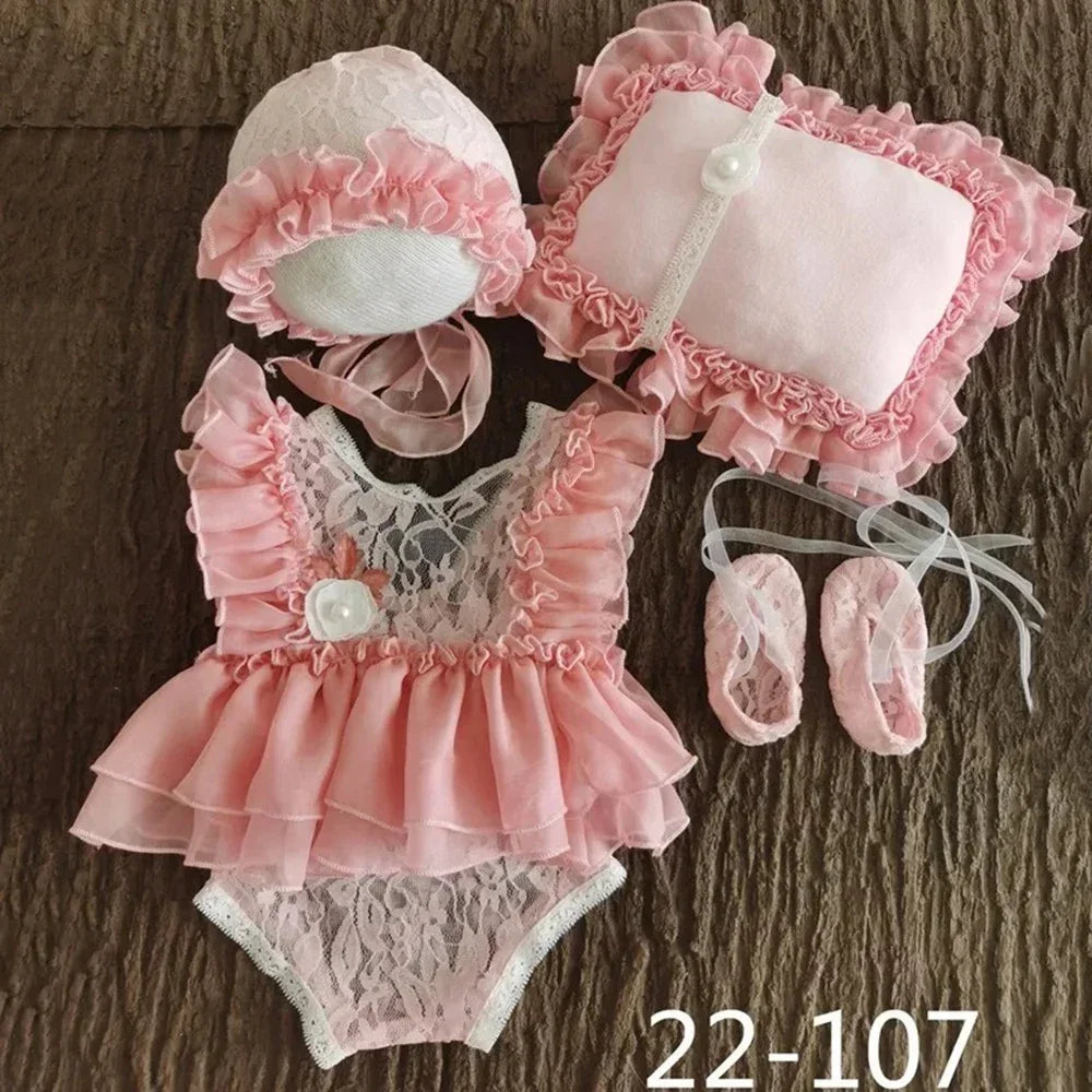 Baby Photography Clothes Cute Princess Style Lace Hat+Posing Pillow+Romper+Shoes Sets Decor Newborn Photoshoot Accessories