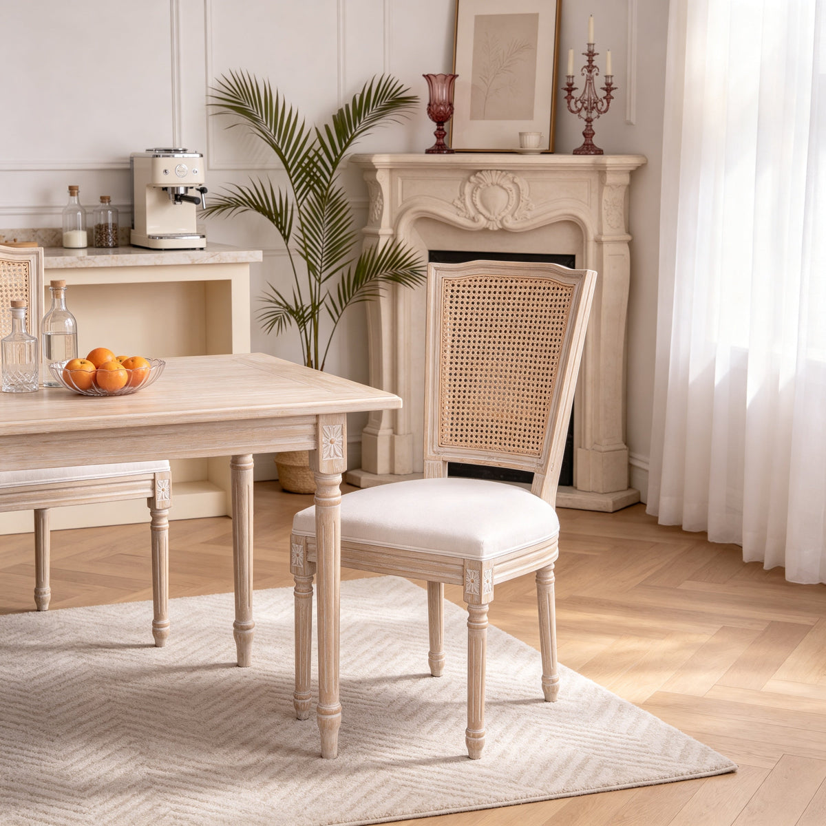 Dining Chairs Set of 2 with Rattan T-Backs and Beige Linen Seats,
