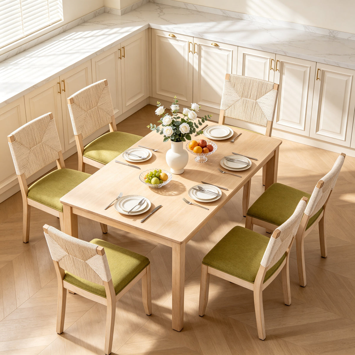 Dining Chairs Set of 2 with Woven Rope Backs and Linen Seats, French