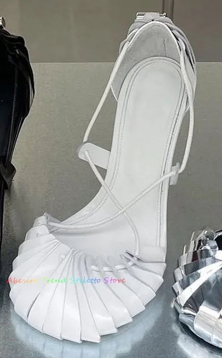 Black Leather High Heel Sandals Women Summer New Round Toe Drawstring Fastening Stiletto Heel Lace Up Party Dress Shoes