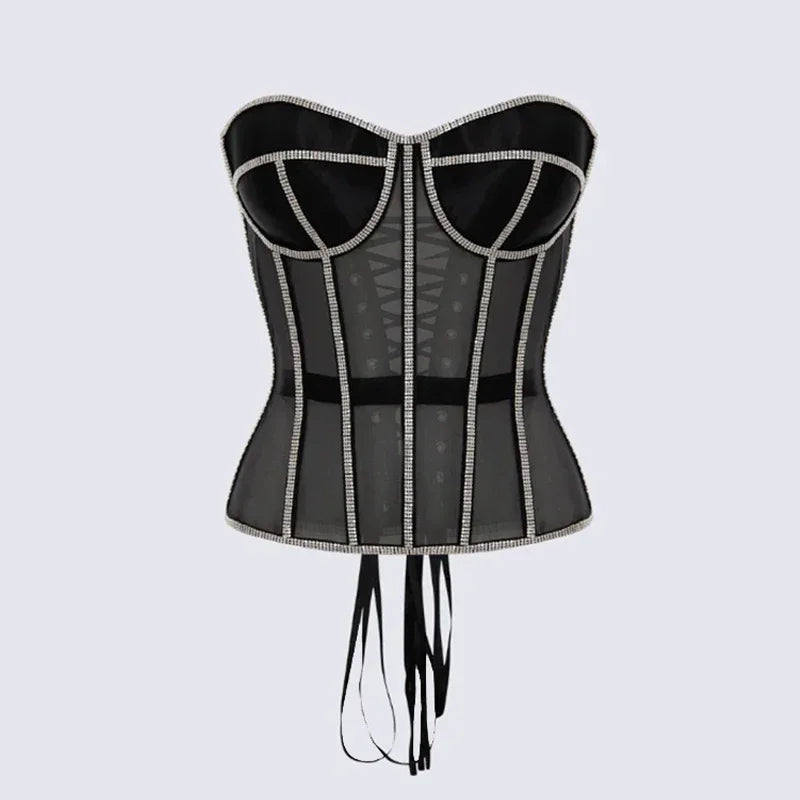 Luxury Crystal Women Corset Slim Bright Rhinestone Vest Sexy Transparent Mesh Bra Black Lace Netting Female Bustiers Lingerie