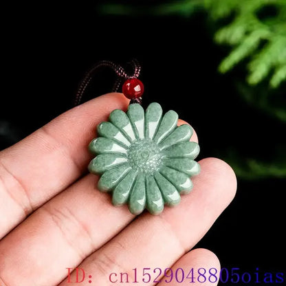 Green Jadeite Sunflower Pendant Necklace Amulet Luxury Accessories Natural Burmese Jade Carved Men Stone Real Jewelry Choker