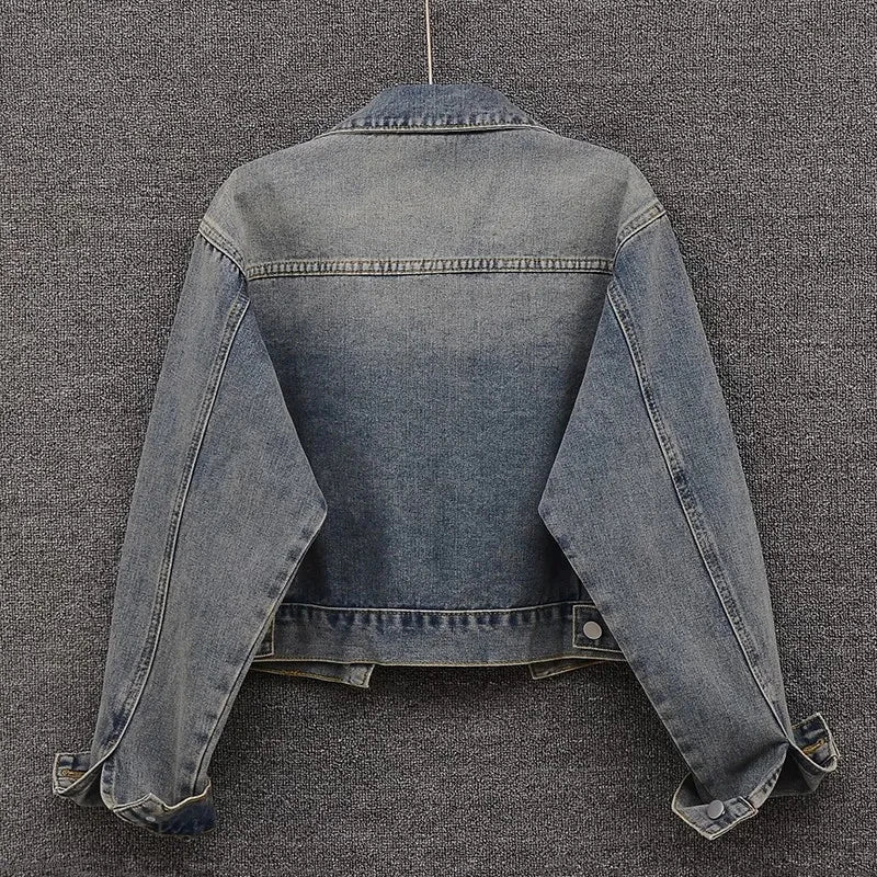 Women Vintage Cropped Denim Jacket Classic Harajuku Y2K Blue American Coat Loose Casual Simple Turn Down Collar Top