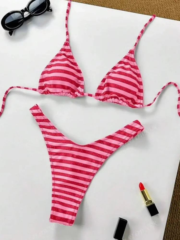 2025 New Beach Vacation Fashion Personality ins Style Bikini Suit Y2K Sexy Hot Girls Striped Printed Triangle Lingerie Underwear