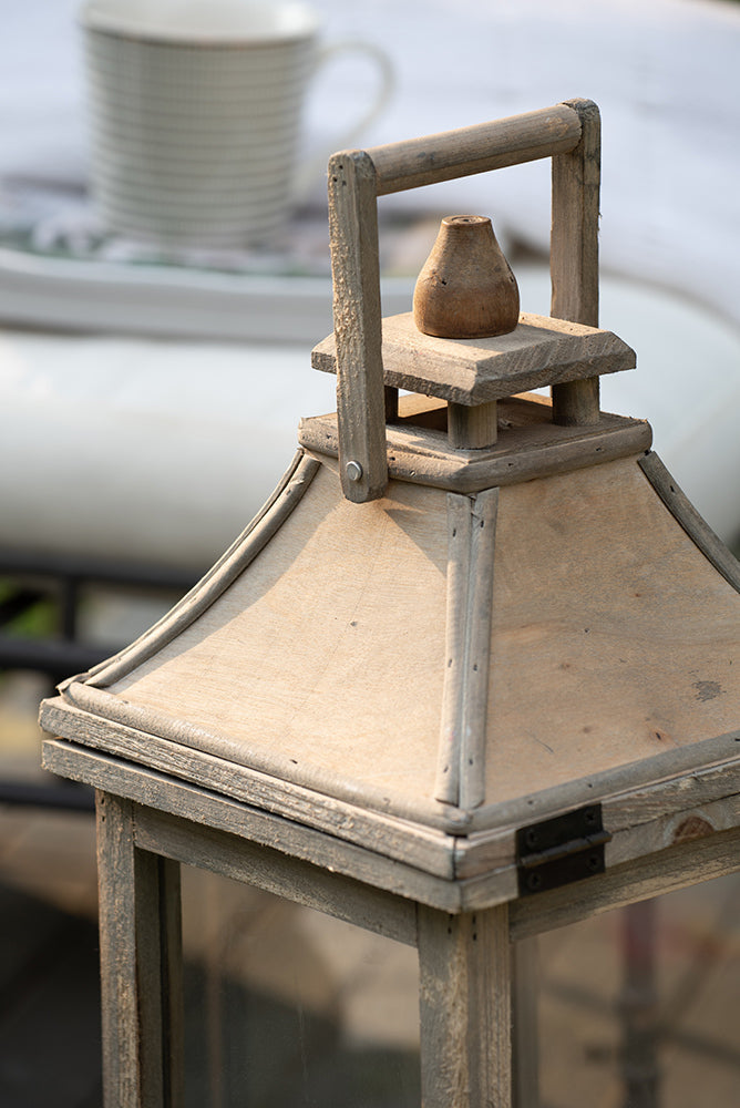 Set of 2 Ivory Wood & Glass Candle Lanterns