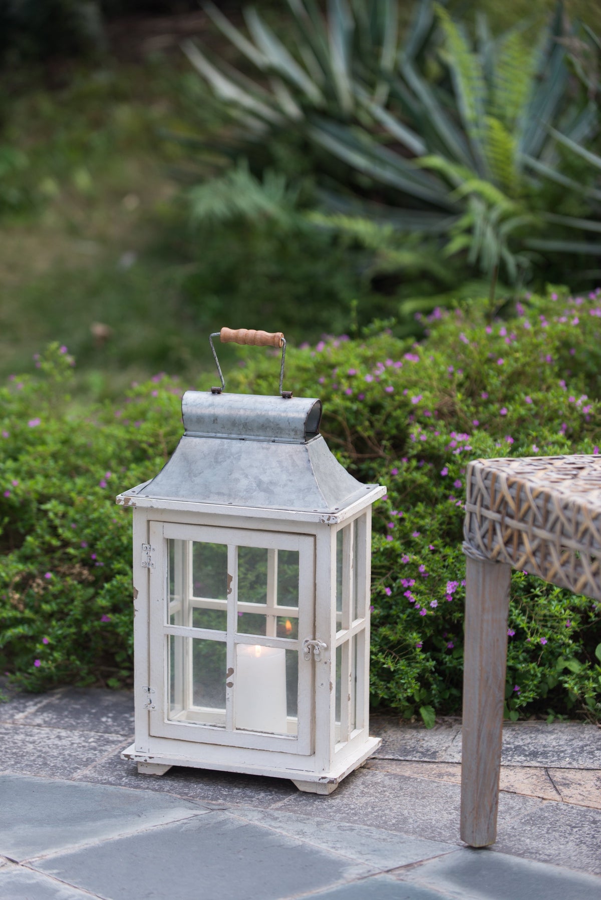 Set of 2 Ivory Wood & Metal Hurricane Candle Lanterns
