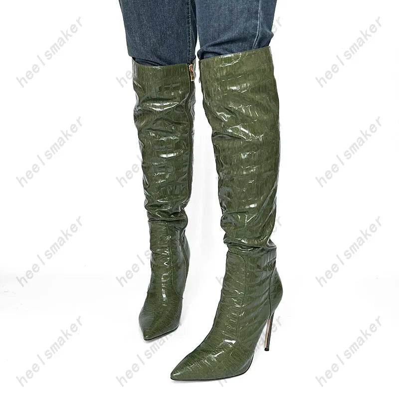 Sukeia New Women Winter Knee Boots Stone Pattern Stiletto Heels Pointed Toe Gorgeous Green Club Shoes Ladies US Size 4-15