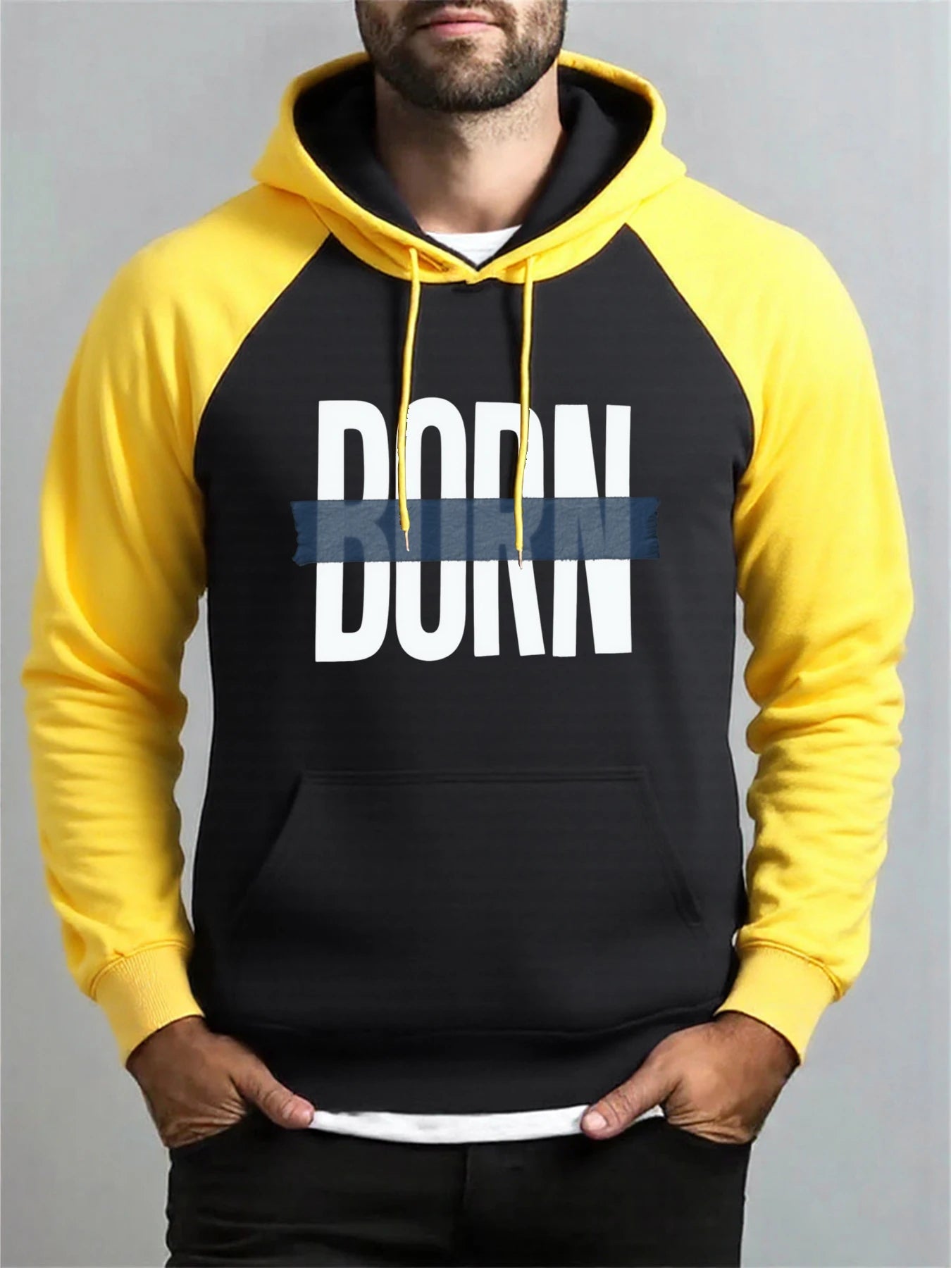 Born Adhesive Tape Prints Men Raglan Hoodies All-Match Hoody Fleece Casual Clothes Street Hip Hop Pullover Autumn Fashion Coat