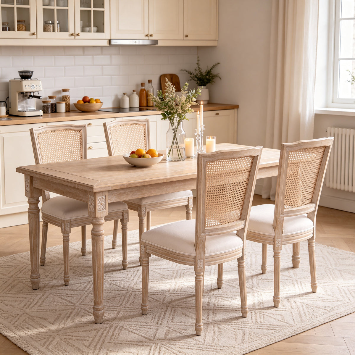Dining Chairs Set of 2 with Rattan T-Backs and Beige Linen Seats,