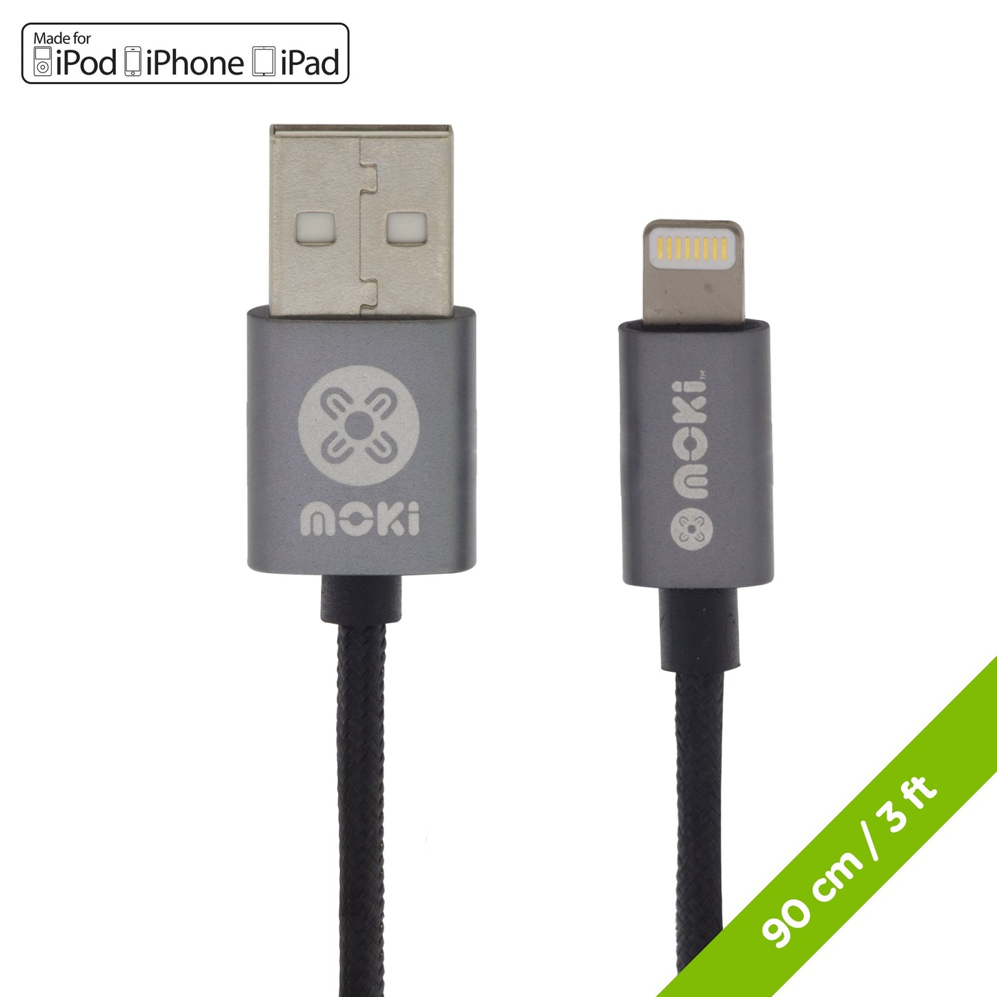 MOKI Lightning SynCharge Cable - 90cm/3ft Black Cable/Gun Metal