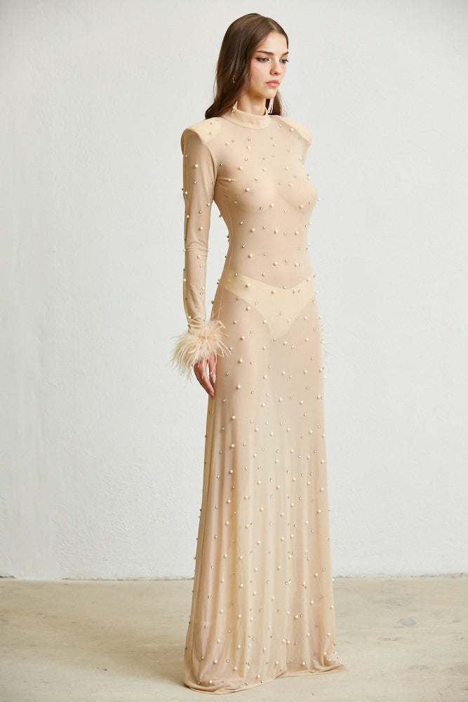 Sheer Maxi Dress - Faux Feather Cuffs - Magnolia