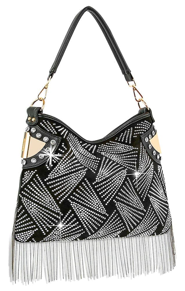 Rhinestone And Beaded Fringe Hobo Handbag