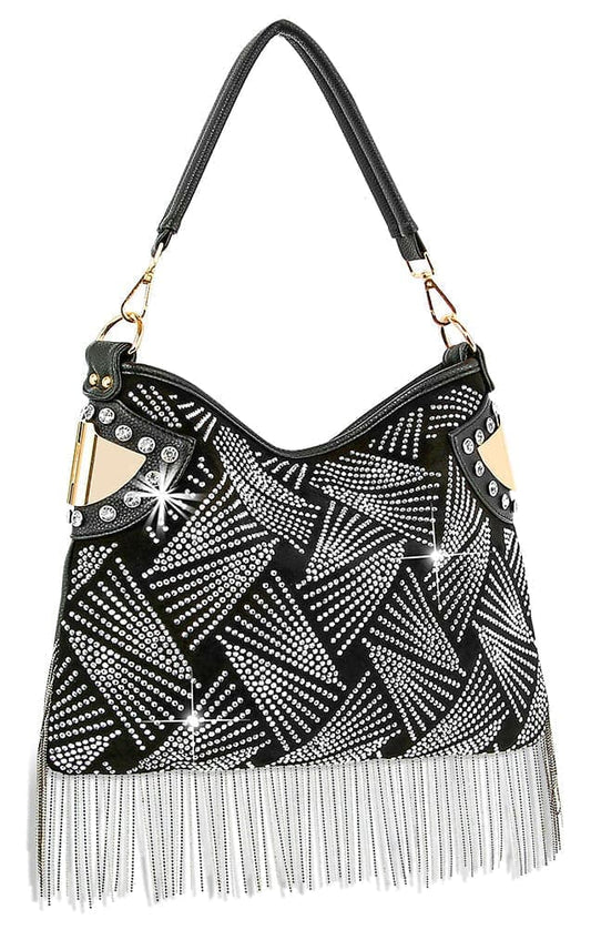 Rhinestone And Beaded Fringe Hobo Handbag