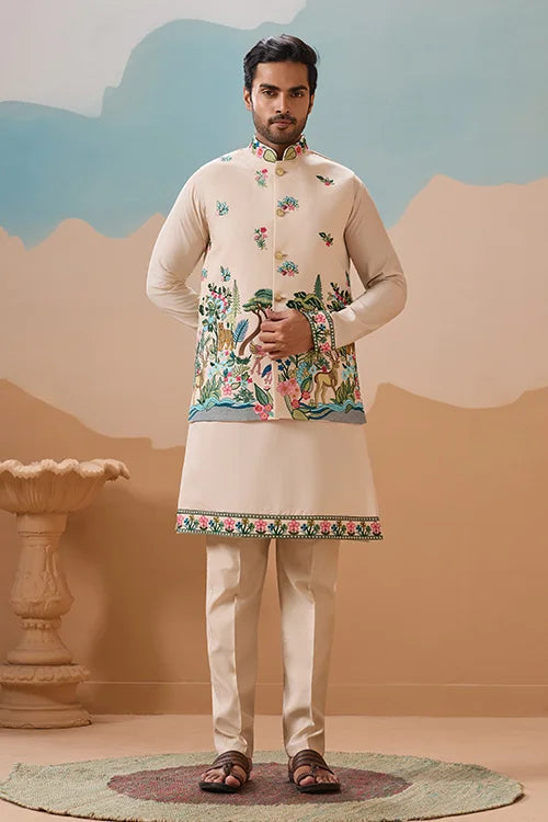 Latest Beige Color Koti Kurta Set for Mens Wear Collection