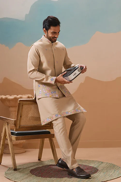Celebration Beige Kurta Koti Pant Wedding Outfit for Men