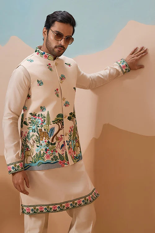 Latest Beige Color Koti Kurta Set for Mens Wear Collection