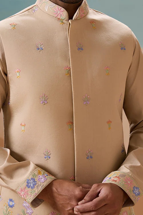 Celebration Beige Kurta Koti Pant Wedding Outfit for Men