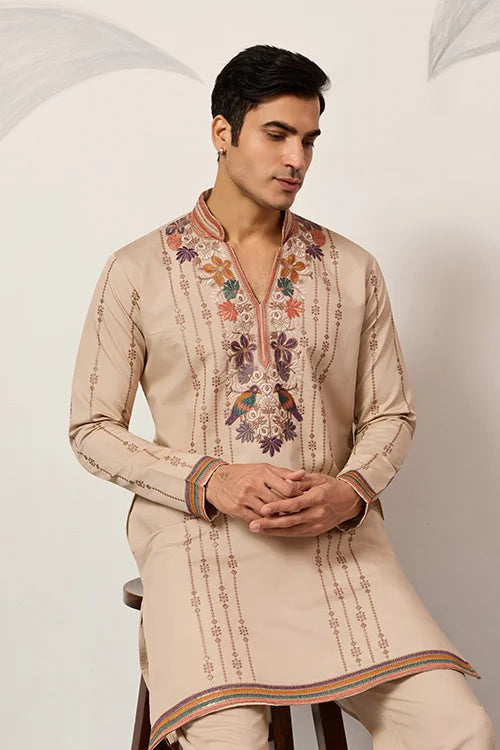 Premium Beige Embroidered V Neck Kurta Pant Set