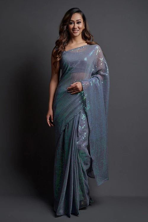 Bollywood Designer Grey Georgette Silk Saree Online