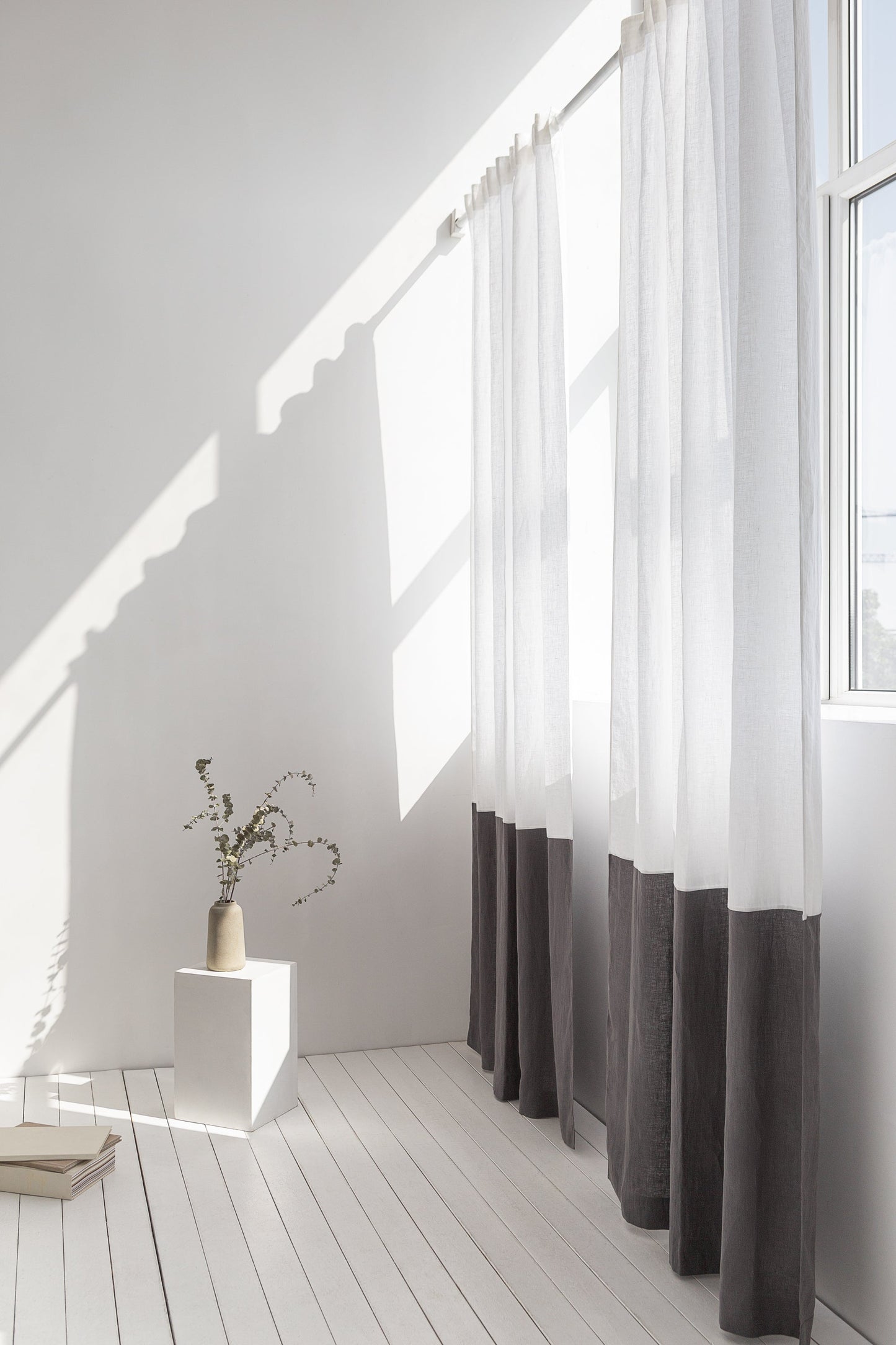Snow White and Grey linen curtains with tape, two tones