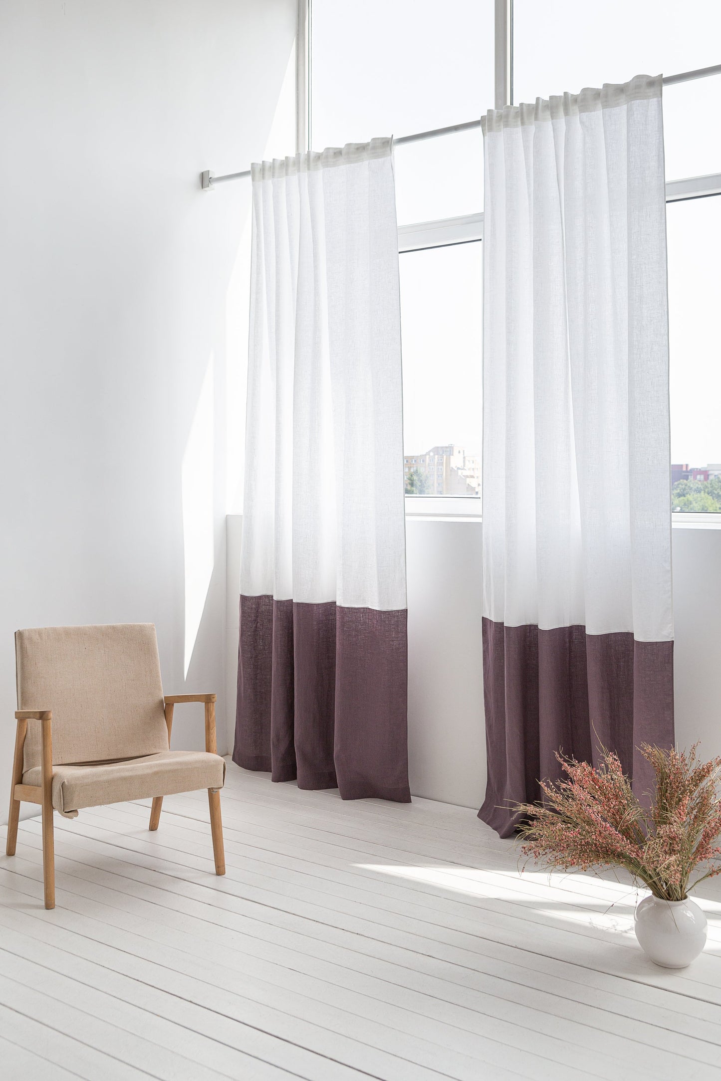 Snow White and Natural Light linen curtains with tape, two tones