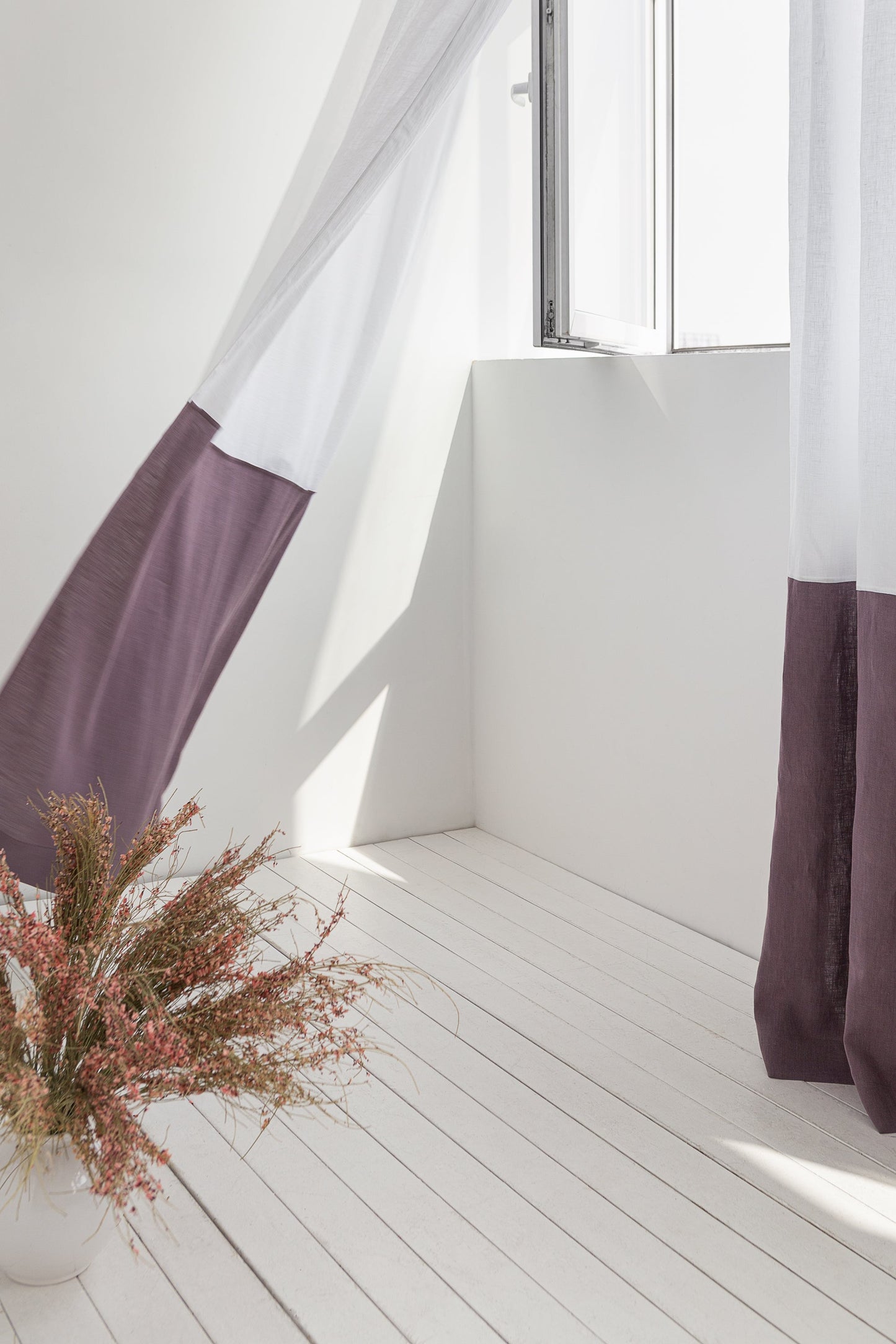 White and Pastel Plum linen curtains with tape, two tones