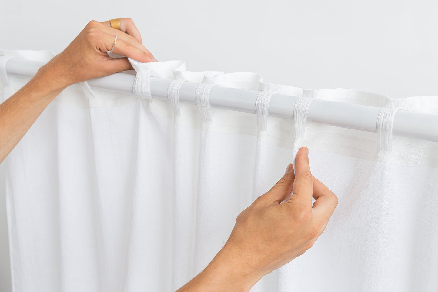 Snow White and Natural Light linen curtains with tape, two tones