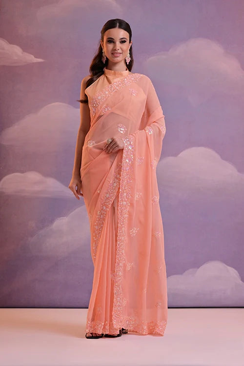 Stylish Fanta Georgette Embroidered Saree with Blouse
