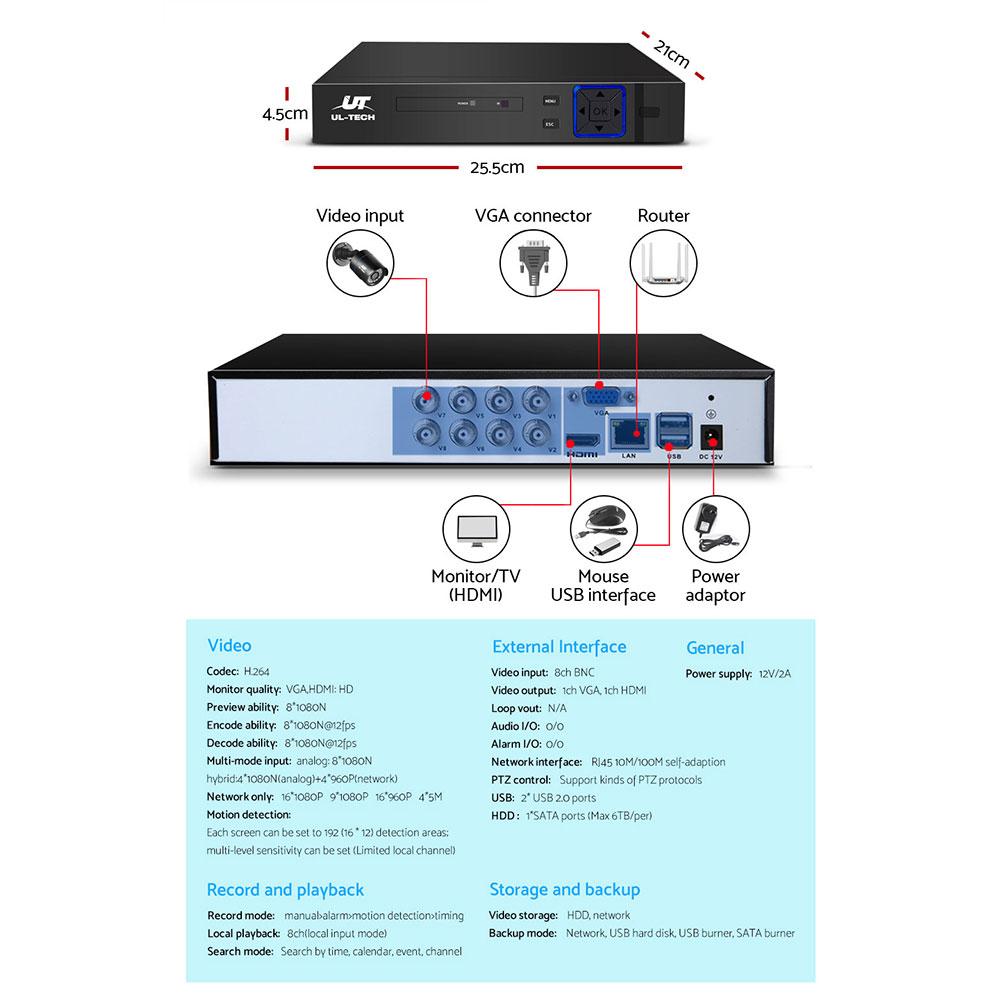UL-TECH 1080P Security Camera System 8CH DVR with 8 CCTV Bullet