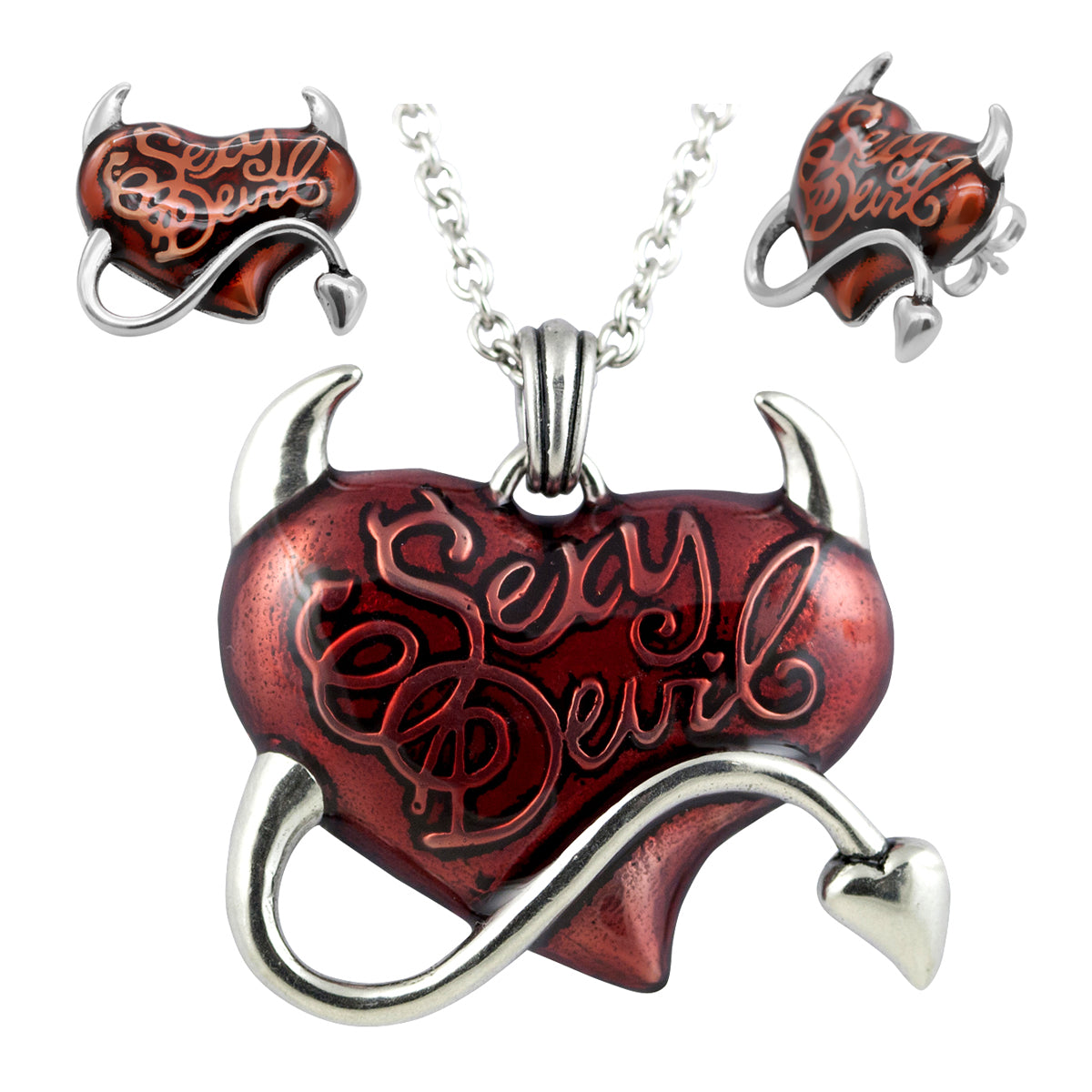 Sexy Devil Red Heart Necklace & Earrings Set