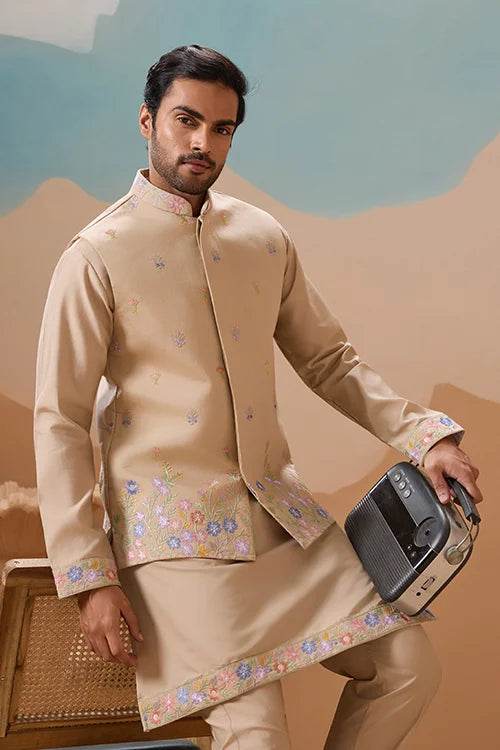 Celebration Beige Kurta Koti Pant Wedding Outfit for Men
