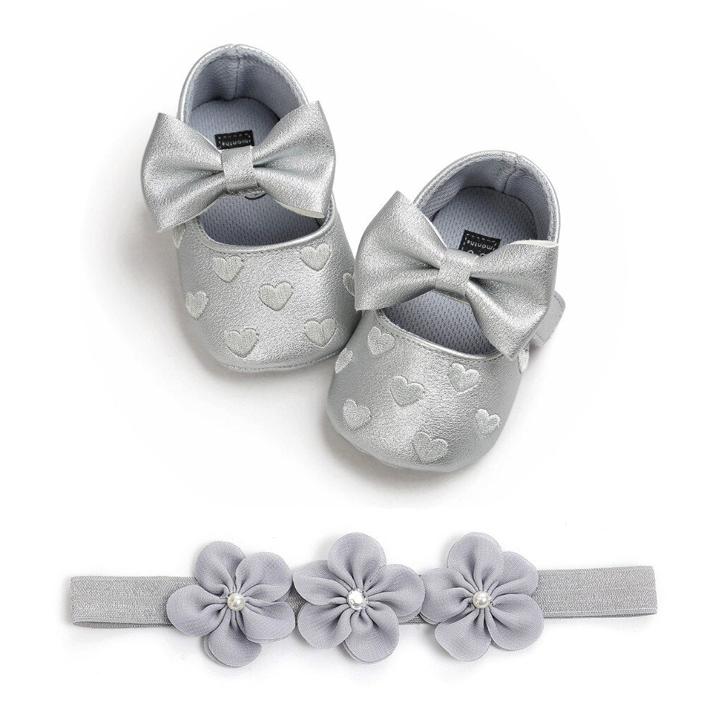 Cute Heart pattern PU Leather baby shoes Bow