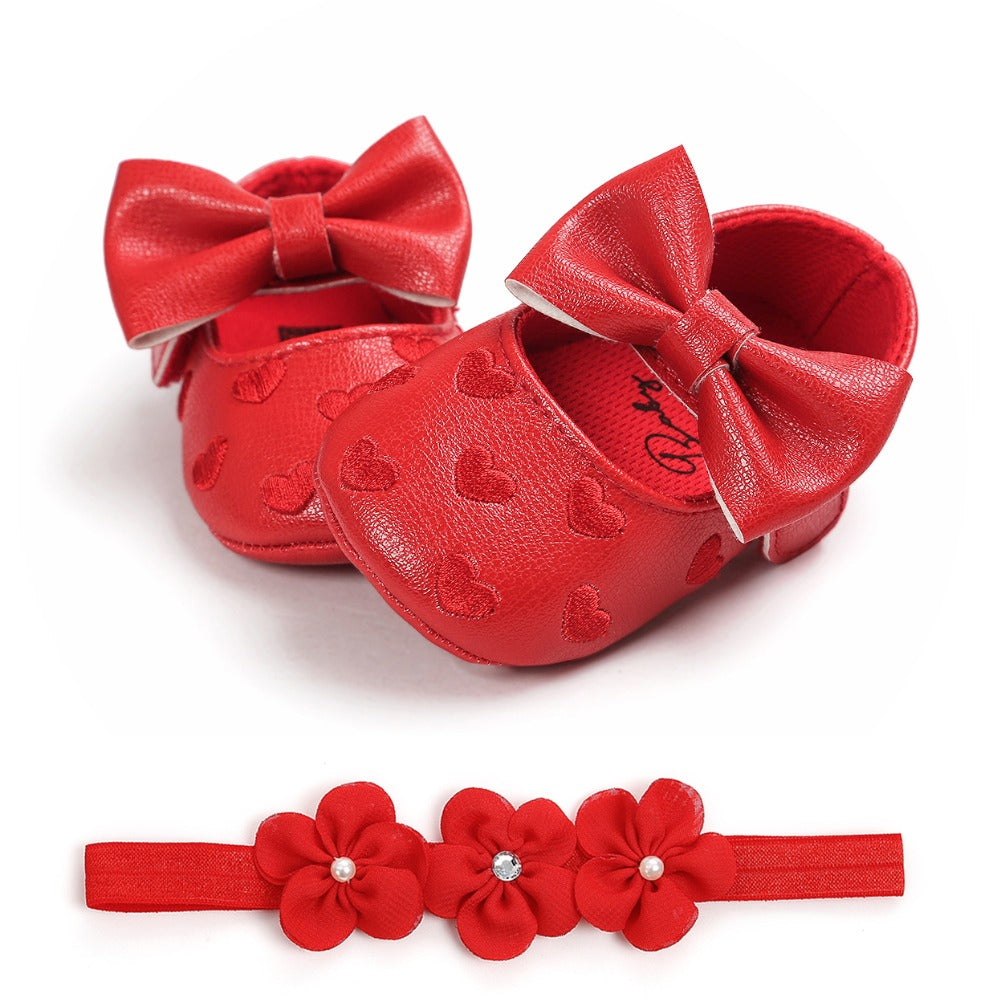 Cute Heart pattern PU Leather baby shoes Bow