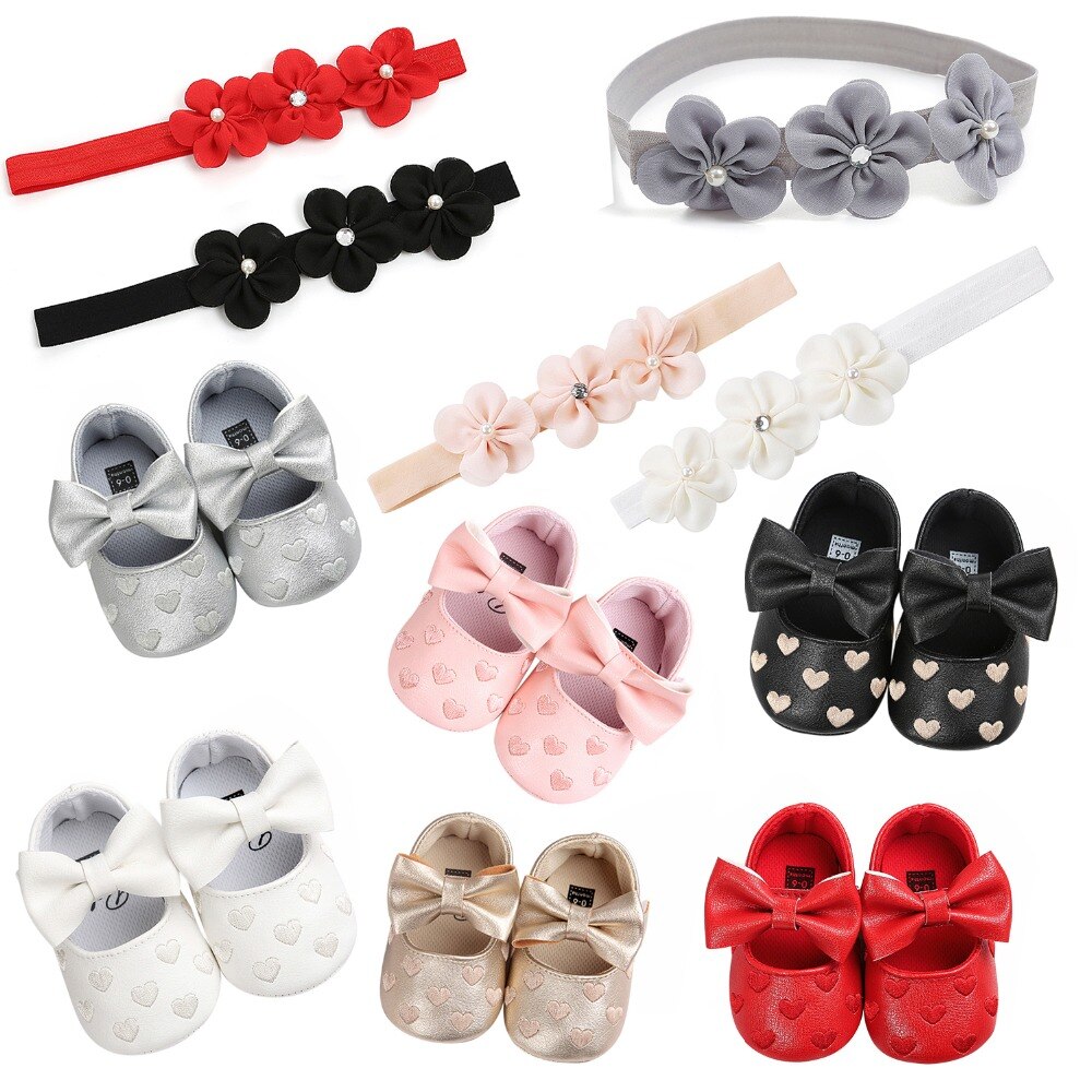 Cute Heart pattern PU Leather baby shoes Bow