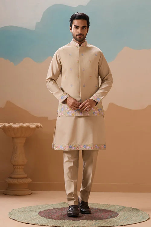 Celebration Beige Kurta Koti Pant Wedding Outfit for Men