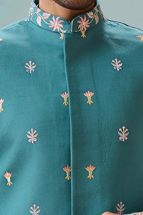 Wedding Party Outfit Rama Green Kurta Koti Pant for Men
