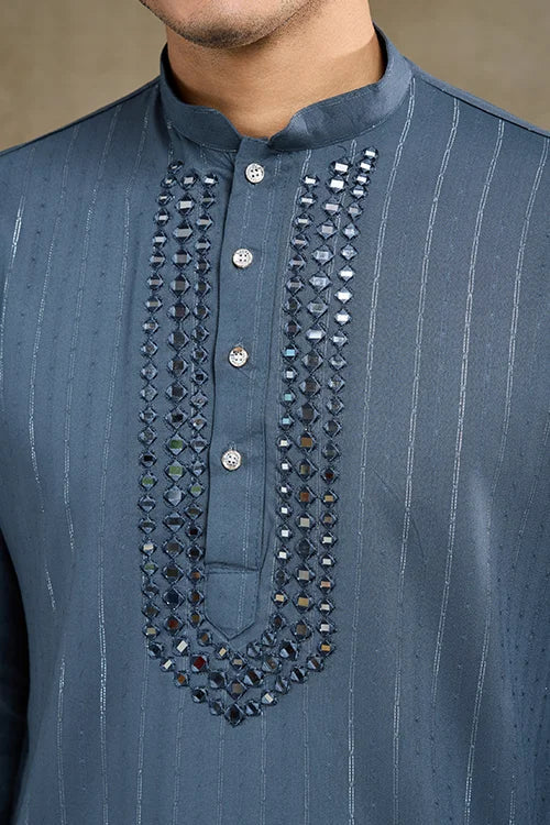 Diwali Special Blue Grey Viscose Silk Kurta with Mirror Work