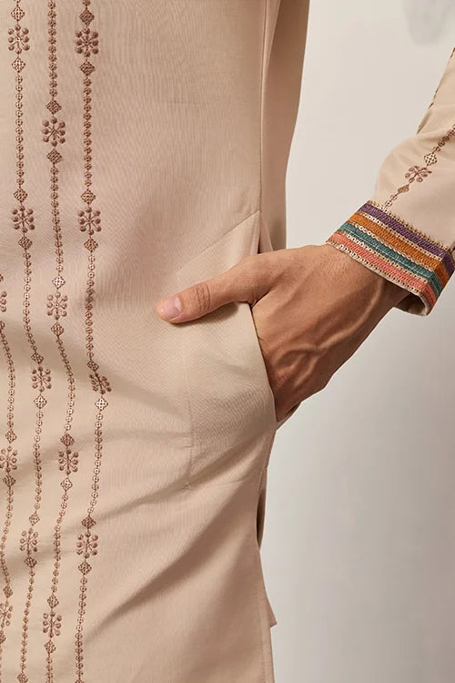 Premium Beige Embroidered V Neck Kurta Pant Set