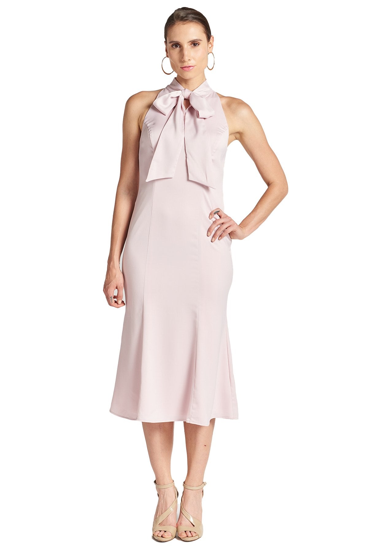Eloise Dress - Stretch satin midi mermaid dress with neck tie rose