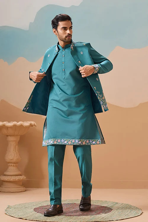 Wedding Party Outfit Rama Green Kurta Koti Pant for Men