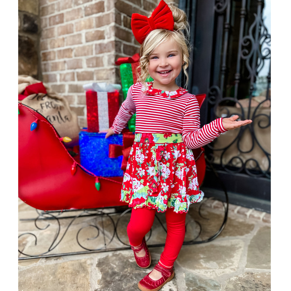 AnnLorenGirls Boutique Red Christmas Floral Holiday Dress Legging Set