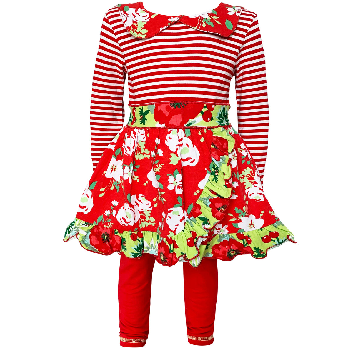 AnnLorenGirls Boutique Red Christmas Floral Holiday Dress Legging Set